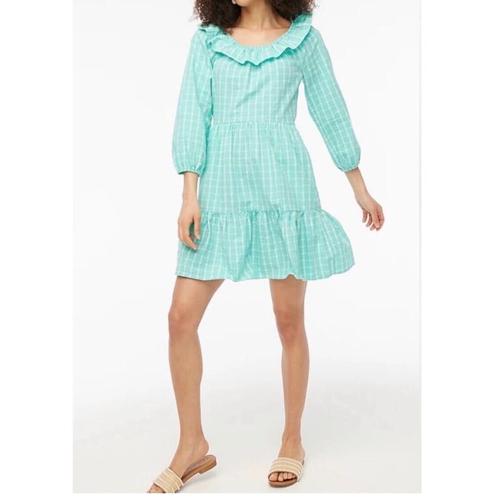 NEW J.CREW SIZE 4 Dress Mini Cotton Seersucker Ruffleneck Long Sleeve Green